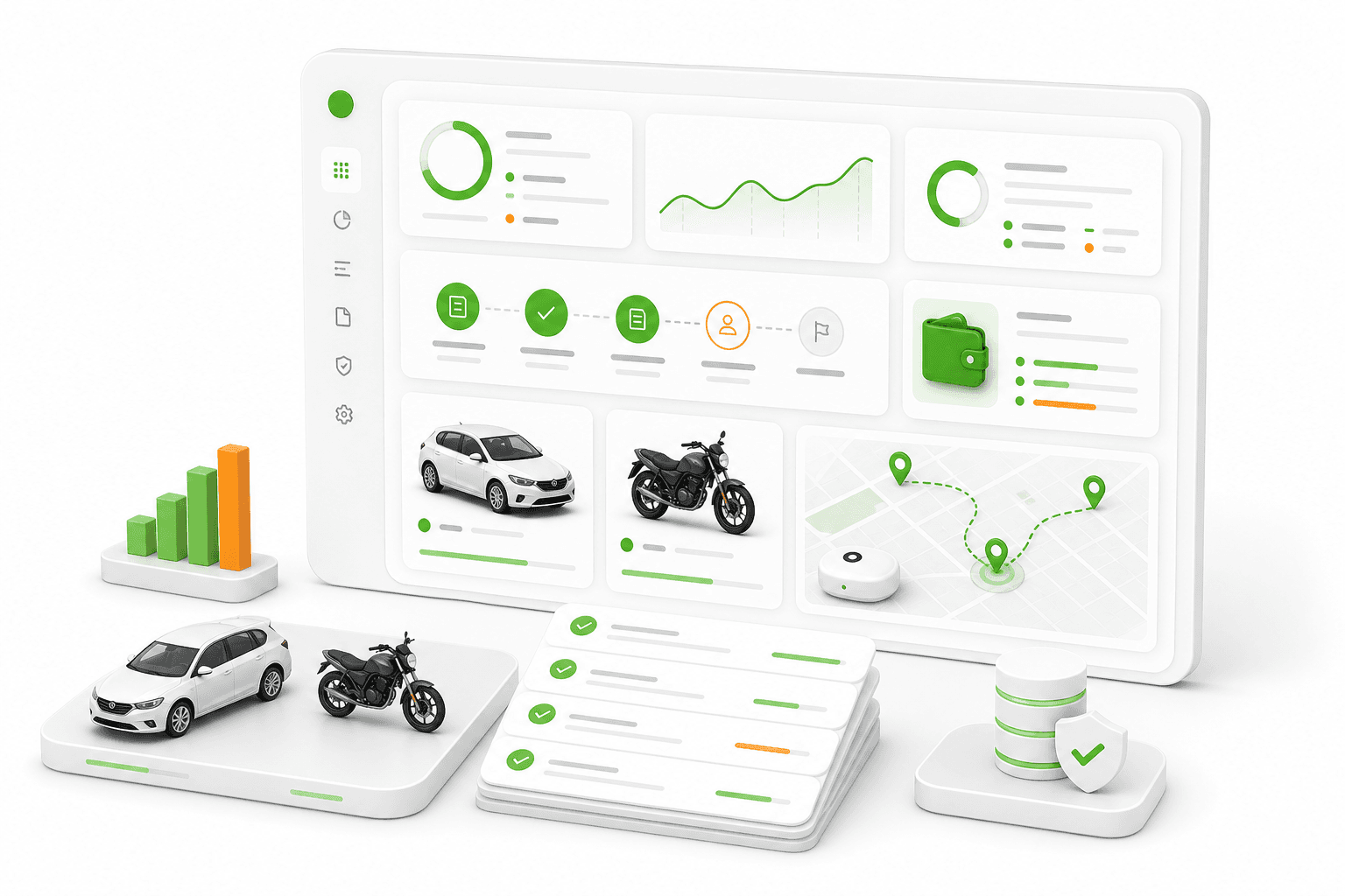 LeaseFlow vehicle leasing dashboard with cars, motorcycles, wallet, approval, and location panels